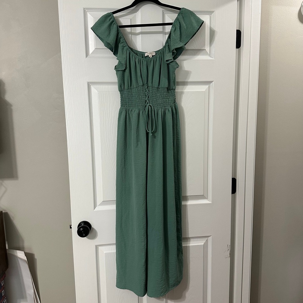 Pie‎ In The Sky Sage Green Smocked Lace Up Wide Leg Jumpsuit Small Boho Ruffle
